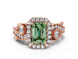 Rose gold Fancy Green Emerald Cut Diamond Halo Ring with Milgrain Pavé Band and Four-Prong Setting_37