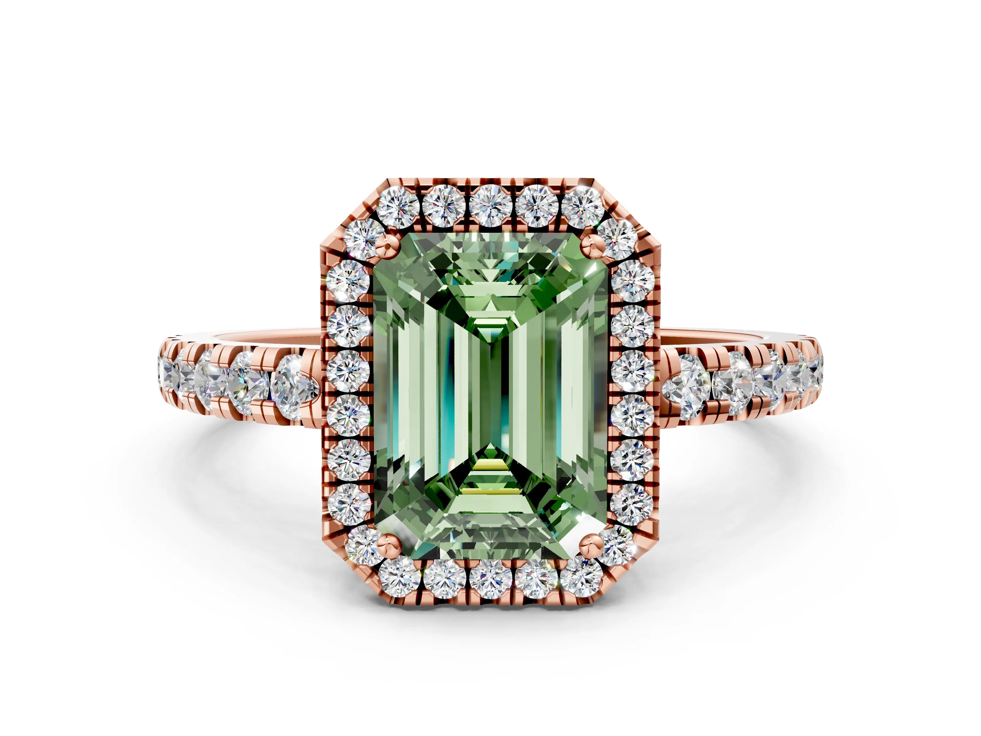 Rose gold Fancy Green Emerald Cut Diamond Halo Ring with Pavé Band and Four-Prong Setting