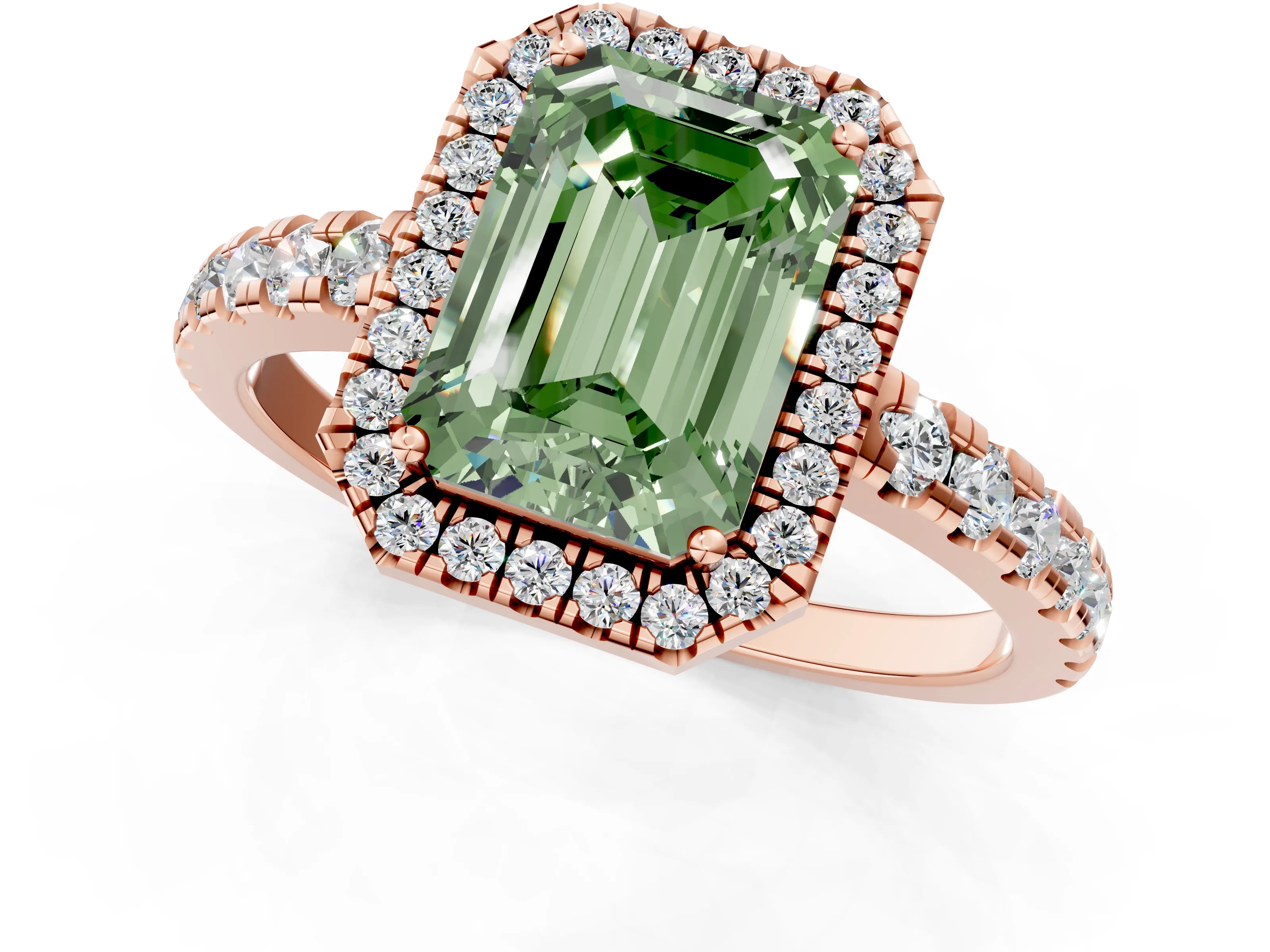 Rose gold Fancy Green Emerald Cut Diamond Halo Ring with Pavé Band and Four-Prong Setting_1