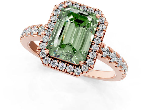 Rose gold Fancy Green Emerald Cut Diamond Halo Ring with Pavé Band and Four-Prong Setting_1