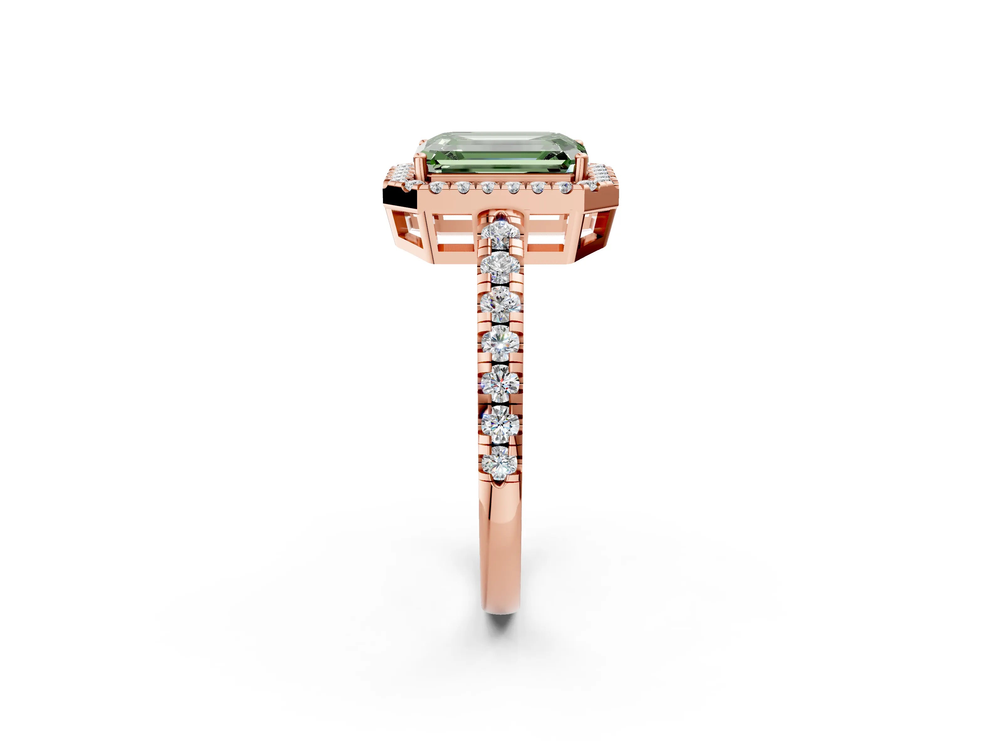 Rose gold Fancy Green Emerald Cut Diamond Halo Ring with Pavé Band and Four-Prong Setting_2