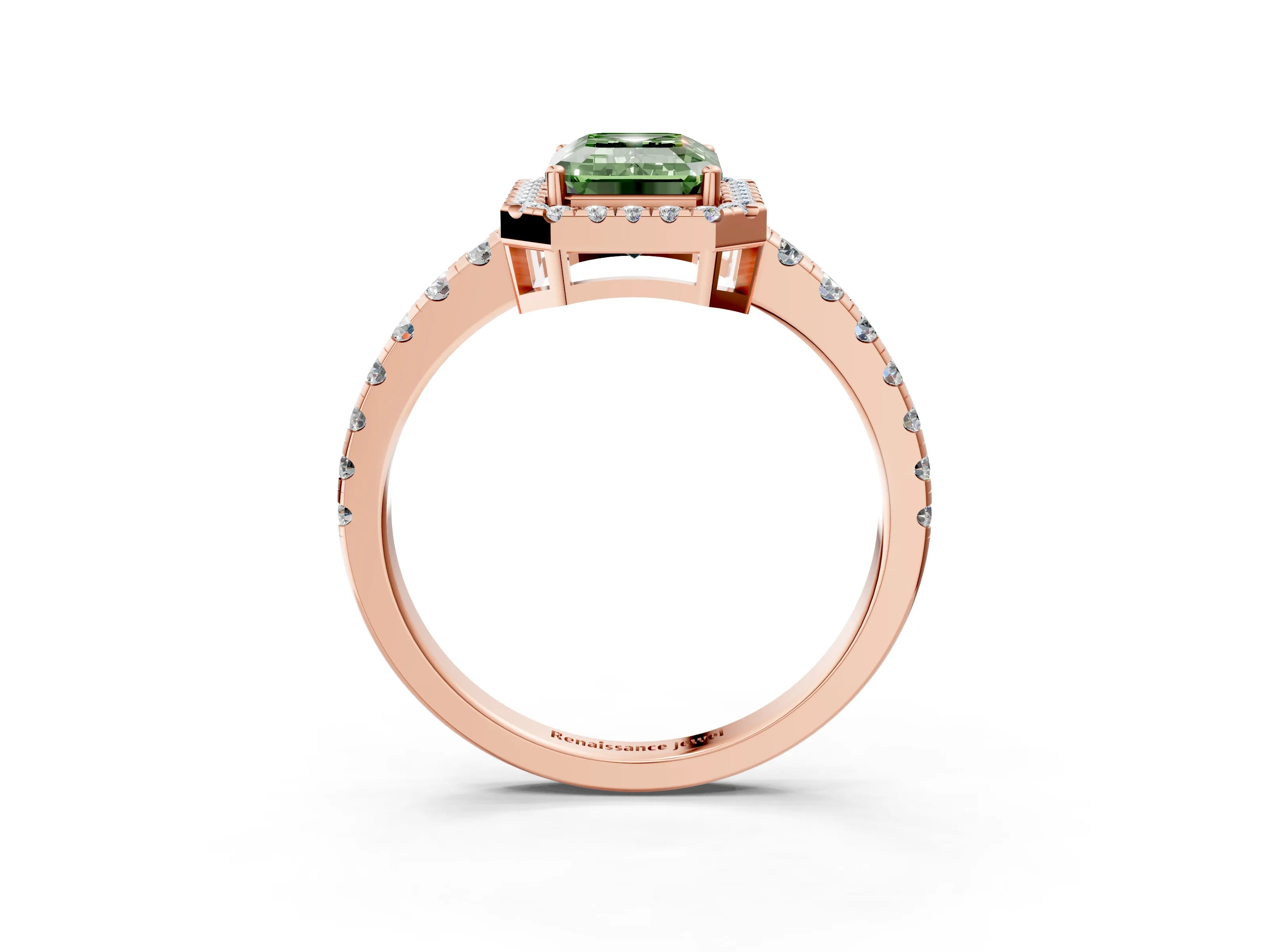 Rose gold Fancy Green Emerald Cut Diamond Halo Ring with Pavé Band and Four-Prong Setting_3