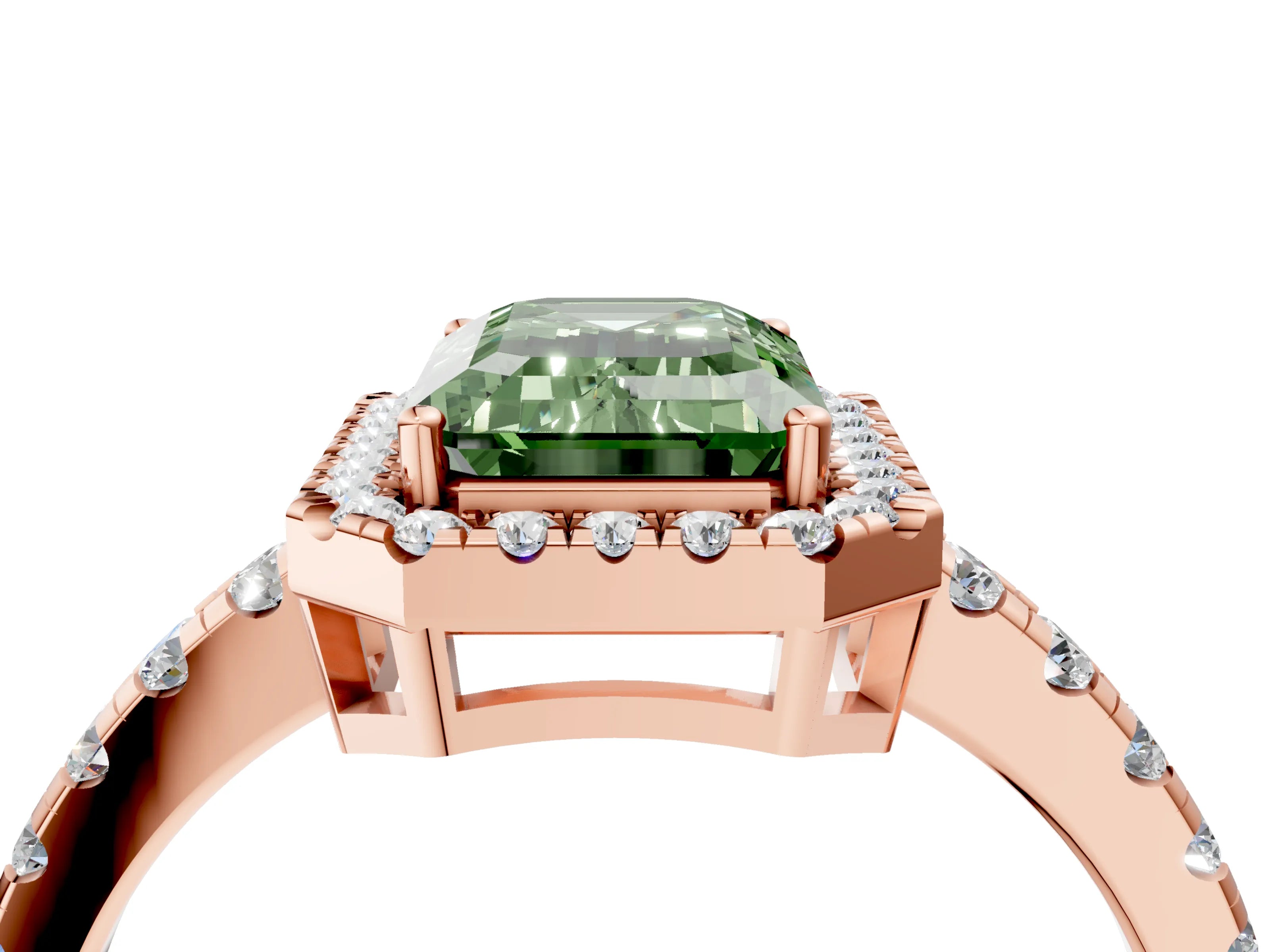 Rose gold Fancy Green Emerald Cut Diamond Halo Ring with Pavé Band and Four-Prong Setting_4