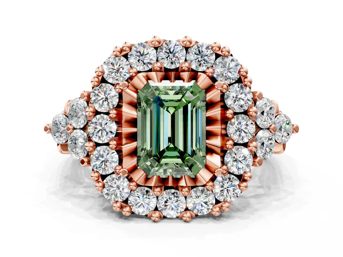 Rose gold Fancy Green Emerald Cut Diamond Halo Ring with Pavé Band and Four-Prong Setting_59