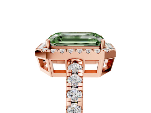 Rose gold Fancy Green Emerald Cut Diamond Halo Ring with Pavé Band and Four-Prong Setting_5