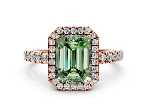 Rose gold Fancy Green Emerald Cut Diamond Halo Ring with Pavé Band and Four-Prong Setting