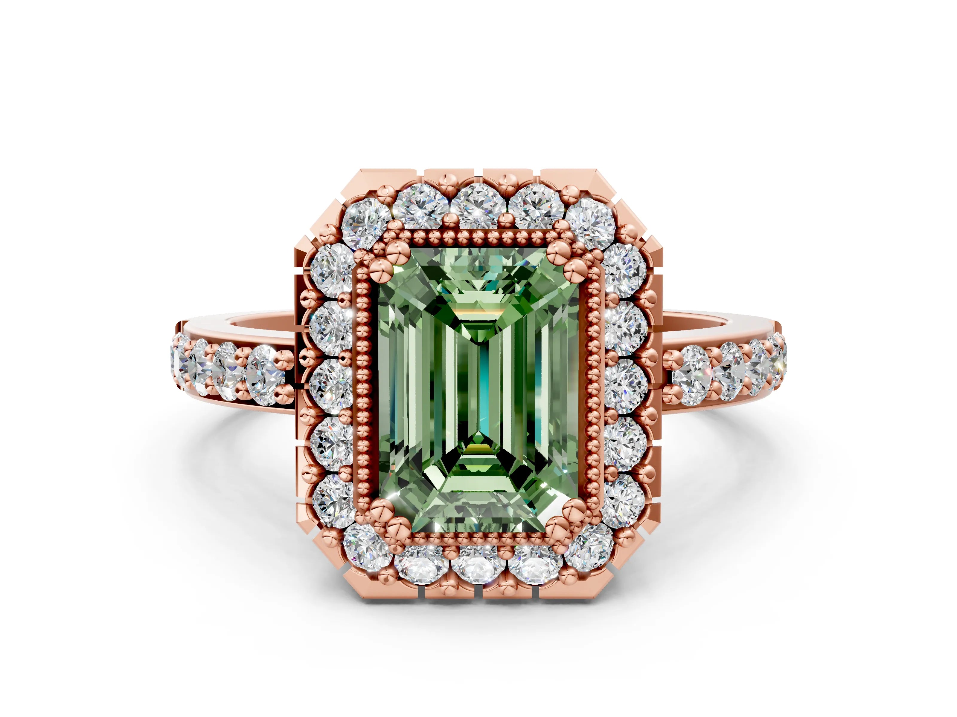 Rose gold Fancy Green Emerald Cut Diamond Halo Ring with Pavé Band and Prong Setting
