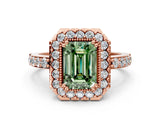 Rose gold Fancy Green Emerald Cut Diamond Halo Ring with Pavé Band and Prong Setting