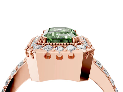 Rose gold Fancy Green Emerald Cut Diamond Halo Ring with Pavé Band and Prong Setting_4