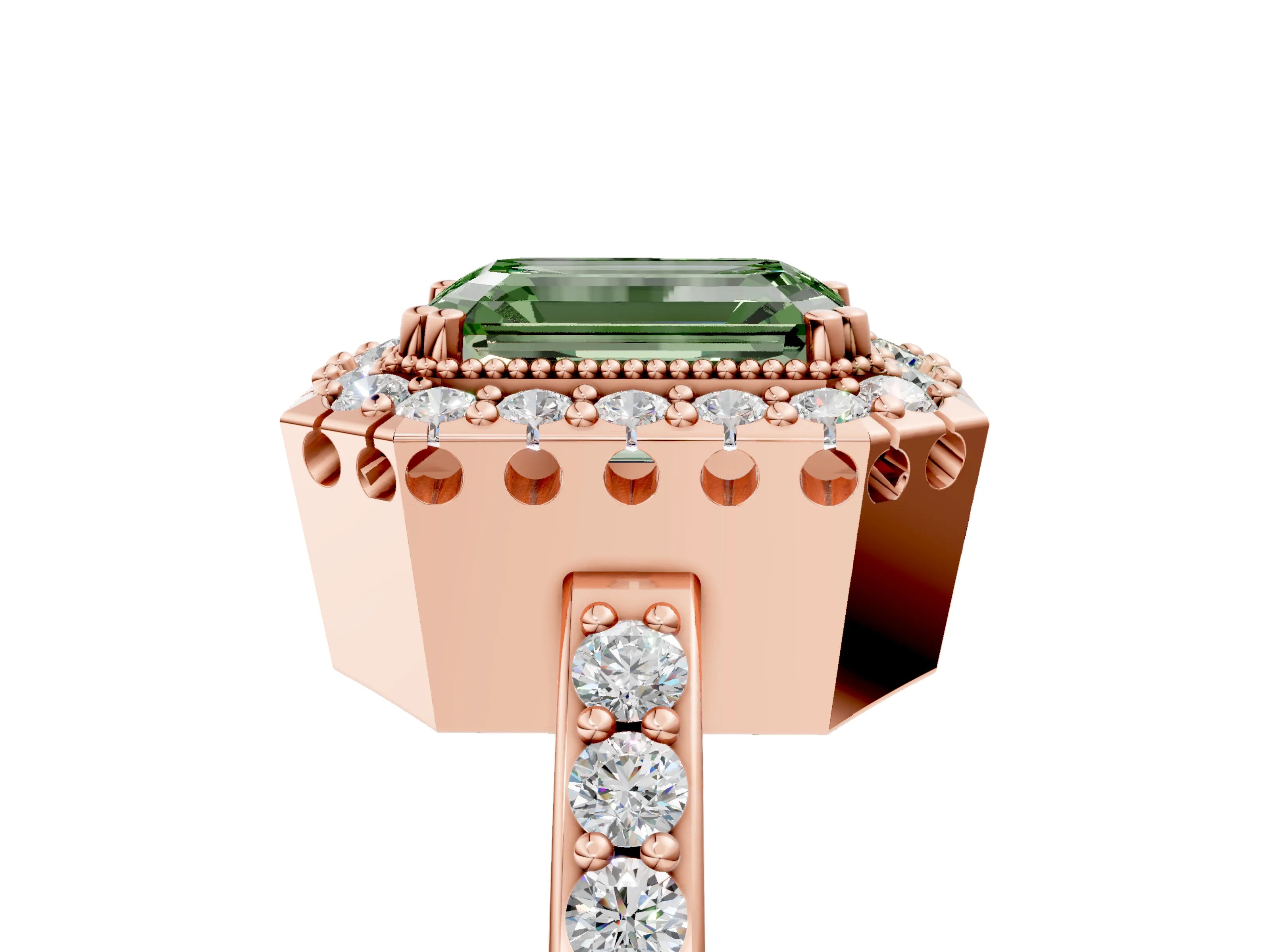 Rose gold Fancy Green Emerald Cut Diamond Halo Ring with Pavé Band and Prong Setting_5