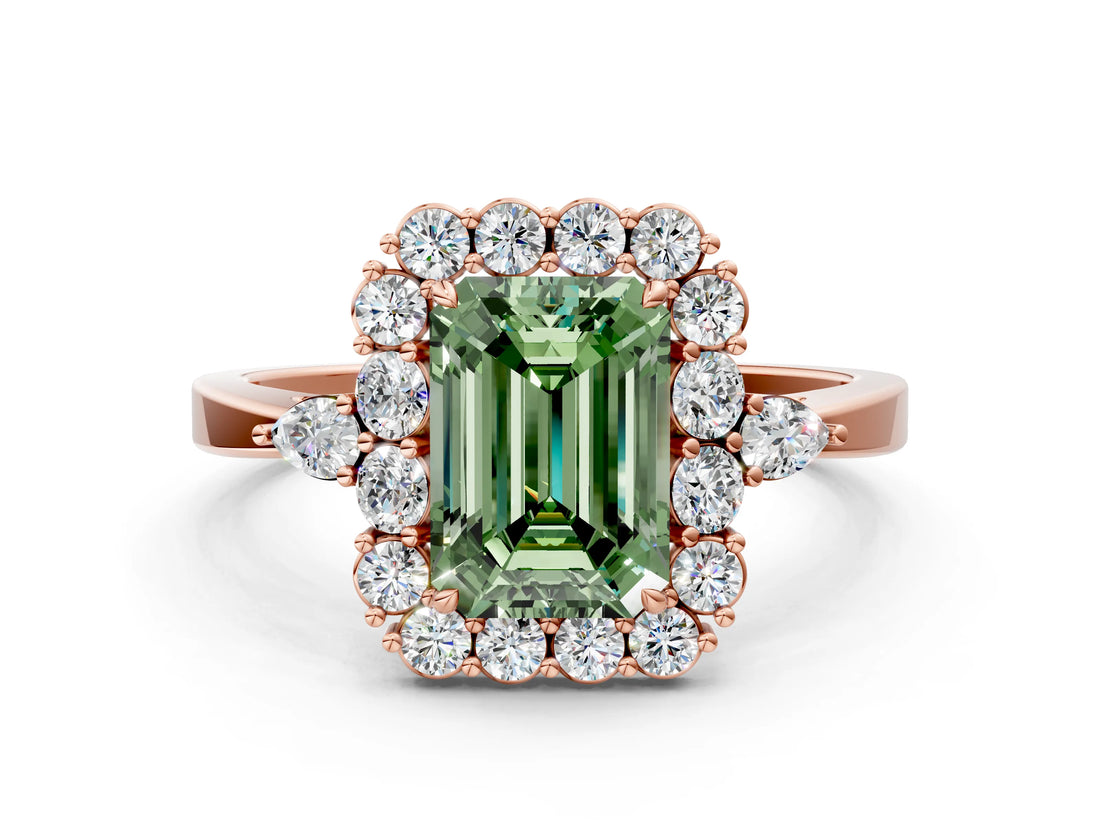 Rose gold Fancy Green Emerald Cut Diamond Halo Ring with Pear Side Stones and Prong Setting_51