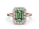 Rose gold Fancy Green Emerald Cut Diamond Halo Ring with Pear Side Stones and Prong Setting_51