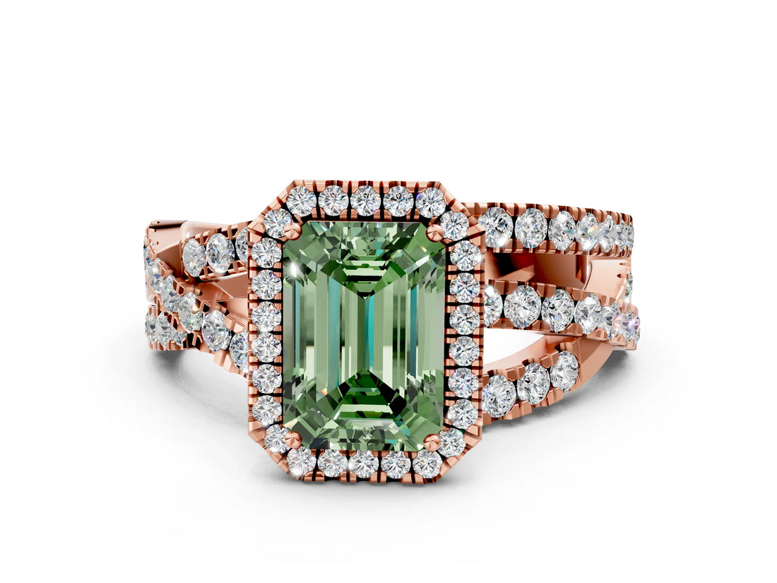 Rose gold Fancy Green Emerald Cut Diamond Halo Ring with Round Split Shank and Prong Setting_36