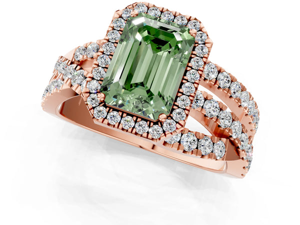 Rose Gold Emerald Cut Halo Twist Engagement Ring Setting for Fancy Green Center