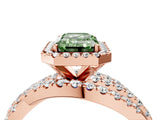 Rose gold Fancy Green Emerald Cut Diamond Halo Ring with Round Split Shank and Prong Setting_40