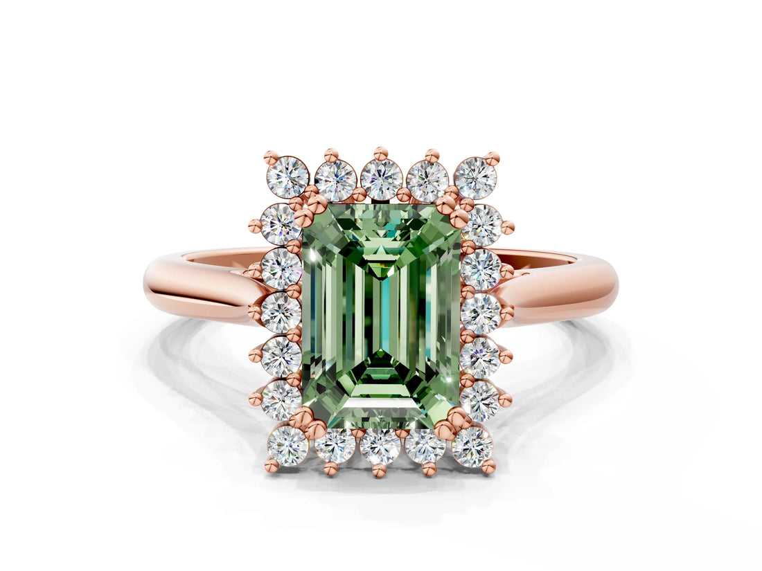Rose gold Fancy Green Emerald  Cut Diamond Halo Ring with Solitaire Band and Prong Setting_53