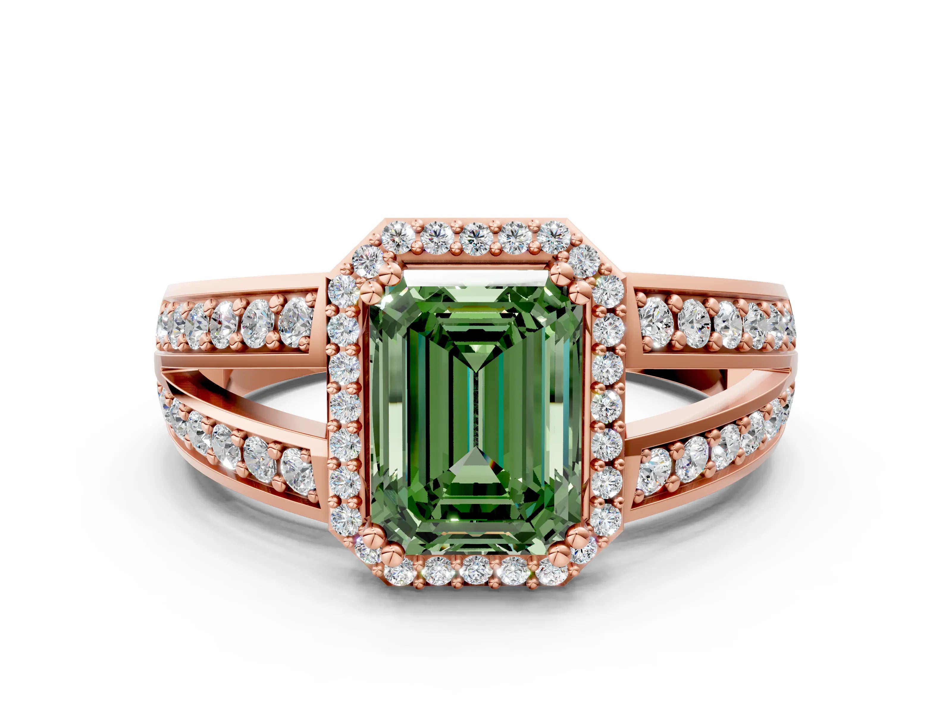 Rose gold Fancy Green Emerald Cut Diamond Halo Ring with Split Shank Pavé Band and Four-Prong Setting