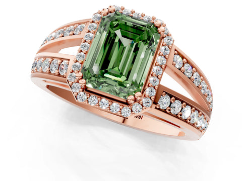 Rose gold Fancy Green Emerald Cut Diamond Halo Ring with Split Shank Pavé Band and Four-Prong Setting_1