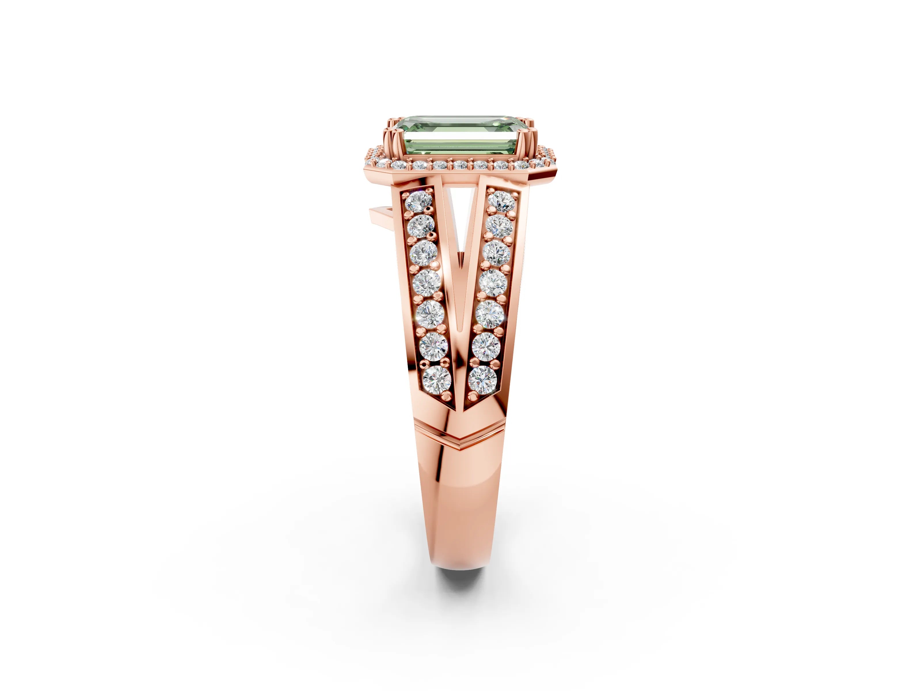 Rose gold Fancy Green Emerald Cut Diamond Halo Ring with Split Shank Pavé Band and Four-Prong Setting_2