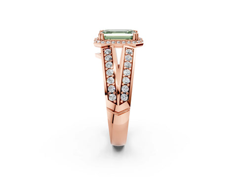 Rose gold Fancy Green Emerald Cut Diamond Halo Ring with Split Shank Pavé Band and Four-Prong Setting_2
