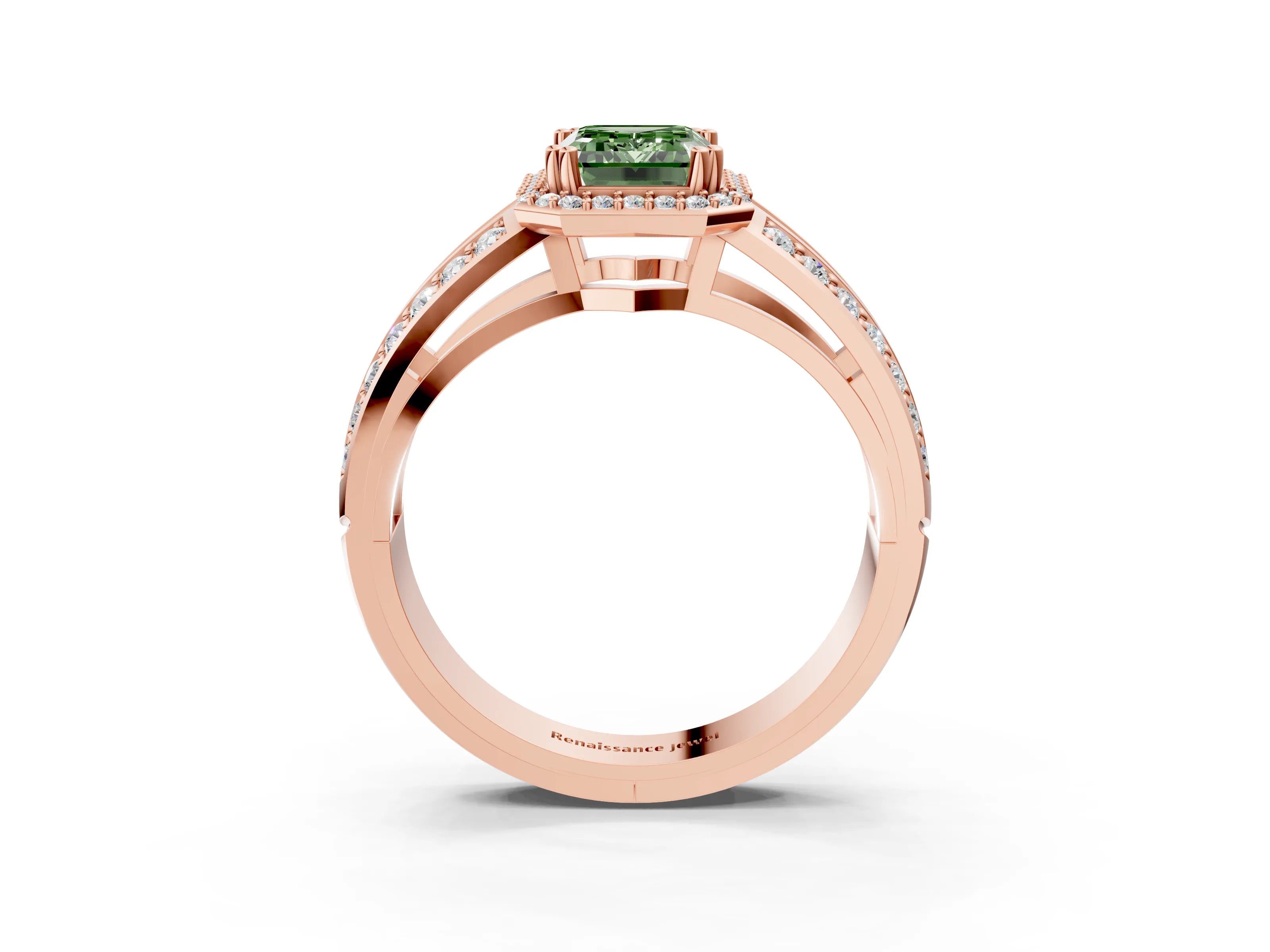 Rose gold Fancy Green Emerald Cut Diamond Halo Ring with Split Shank Pavé Band and Four-Prong Setting_3