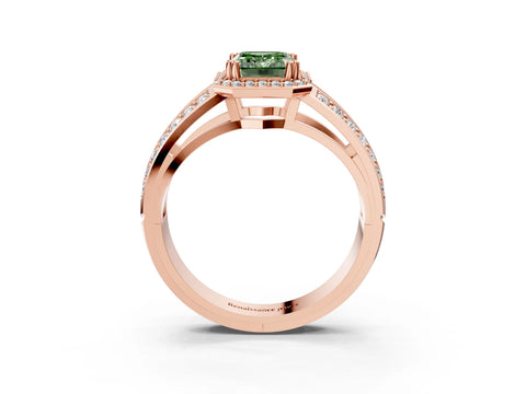 Rose gold Fancy Green Emerald Cut Diamond Halo Ring with Split Shank Pavé Band and Four-Prong Setting_3