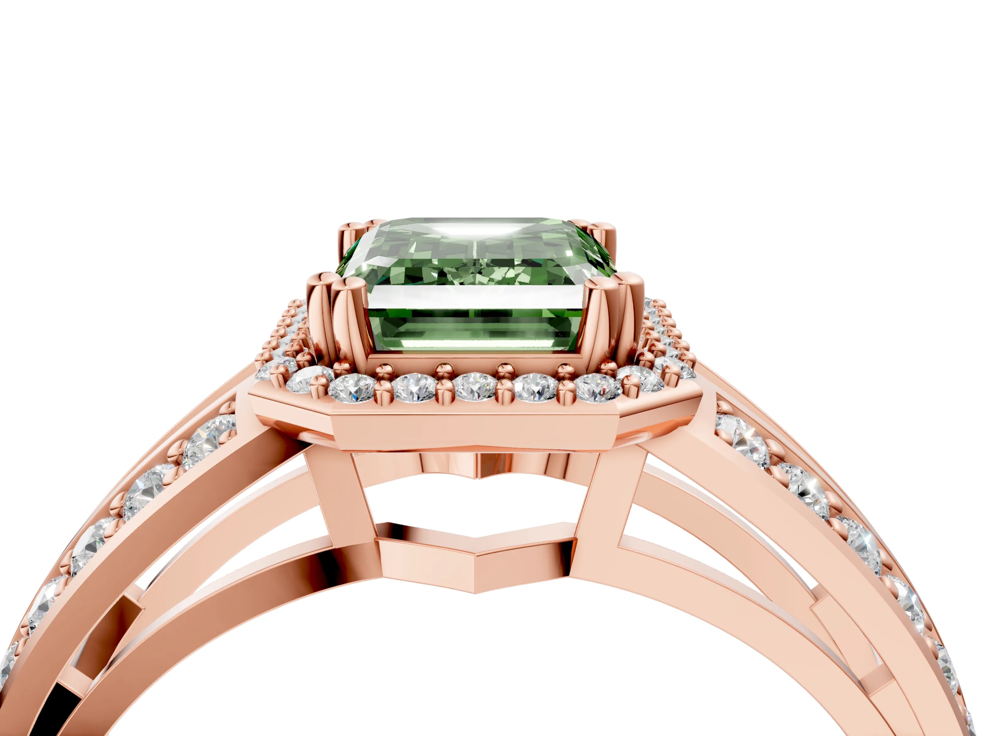 Rose gold Fancy Green Emerald Cut Diamond Halo Ring with Split Shank Pavé Band and Four-Prong Setting_4