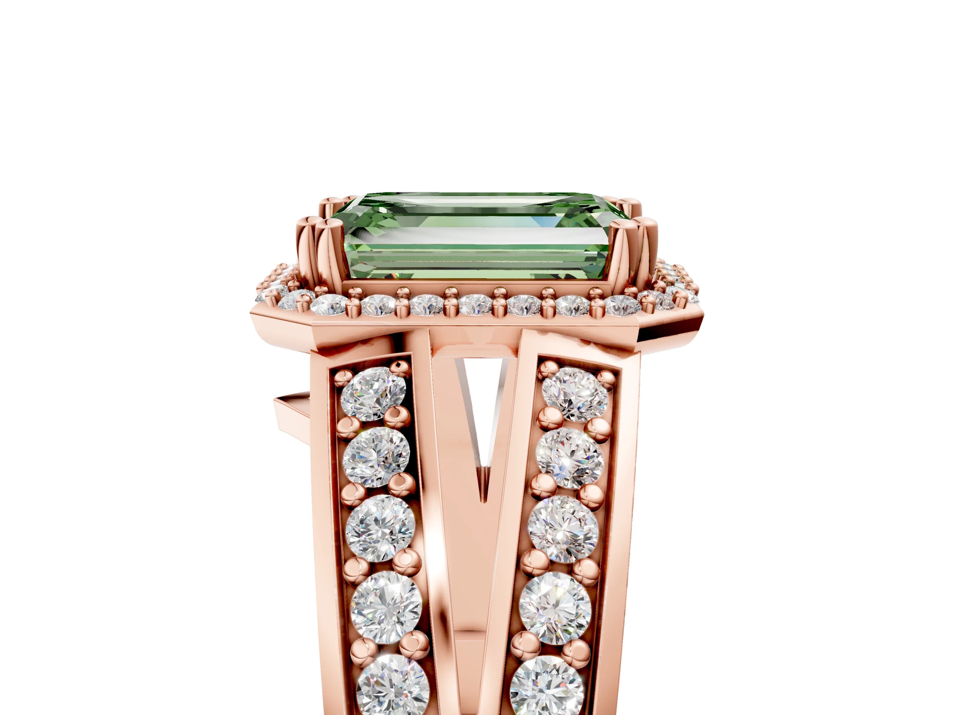 Rose gold Fancy Green Emerald Cut Diamond Halo Ring with Split Shank Pavé Band and Four-Prong Setting_5