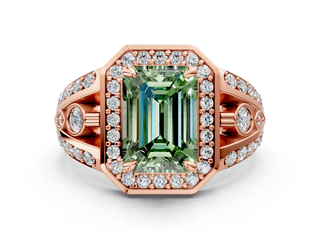 Rose gold Fancy Green Emerald Cut Diamond Halo Ring with Split Shank and Bezel Accents and Four-Prong Setting