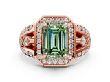 Rose gold Fancy Green Emerald Cut Diamond Halo Ring with Split Shank and Bezel Accents and Four-Prong Setting