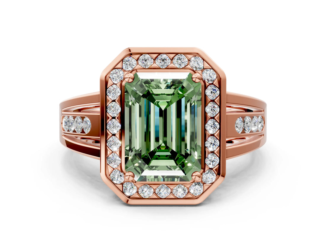 Rose gold Fancy Green Emerald Cut Diamond Halo Ring with Split Shank and Bezel Accents and Prong Setting
