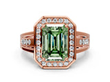 Rose gold Fancy Green Emerald Cut Diamond Halo Ring with Split Shank and Bezel Accents and Prong Setting