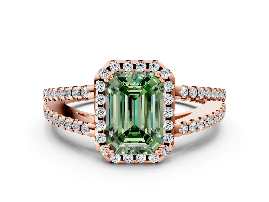 Rose gold Fancy Green Emerald Cut Diamond Halo Split Shank Engagement Ring_59