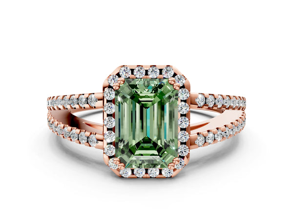 Rose gold Fancy Green Emerald Cut Diamond Halo Split Shank Engagement Ring