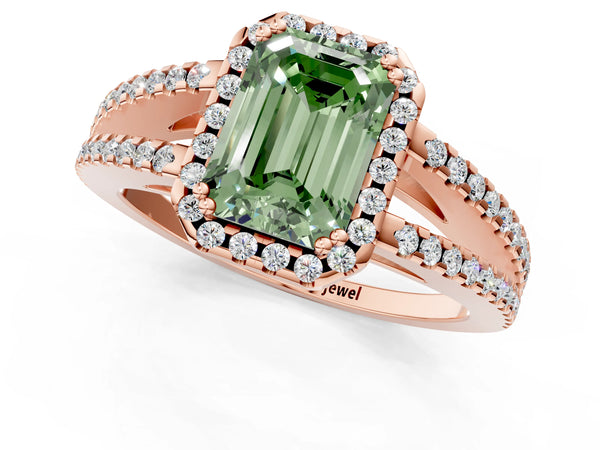 Rose gold Fancy Green Emerald Cut Diamond Halo Split Shank Engagement Ring