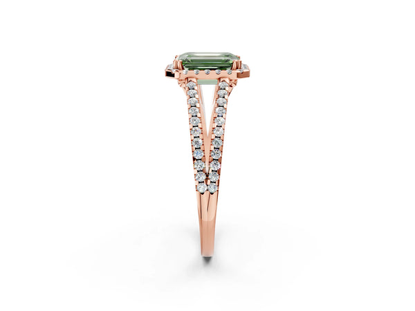 Rose gold Fancy Green Emerald Cut Diamond Halo Split Shank Engagement Ring