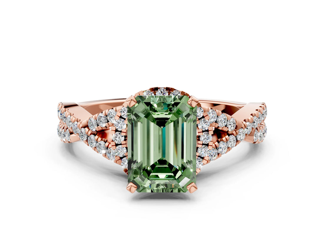 Rose gold Fancy Green Emerald Cut Diamond  Halo Twist Band Solitaire Prong Setting Ring_48