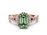 Rose gold Fancy Green Emerald Cut Diamond  Halo Twist Band Solitaire Prong Setting Ring_48