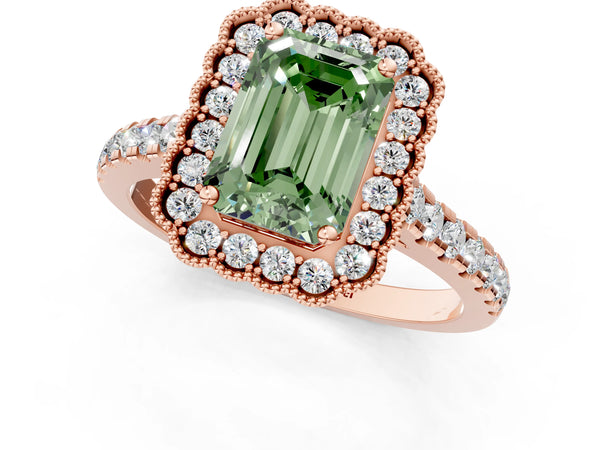 Rose gold Fancy Green Emerald  Cut Diamond Milgrain Floral Halo Engagement Ring with Pavé Band