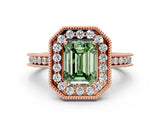 Rose gold Fancy Green Emerald Cut Diamond Milgrain Halo Engagement Ring with Round Pavé Band and Prong Setting_12