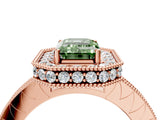Rose gold Fancy Green Emerald Cut Diamond Milgrain Halo Engagement Ring with Round Pavé Band and Prong Setting_16