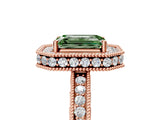 Rose gold Fancy Green Emerald Cut Diamond Milgrain Halo Engagement Ring with Round Pavé Band and Prong Setting_17