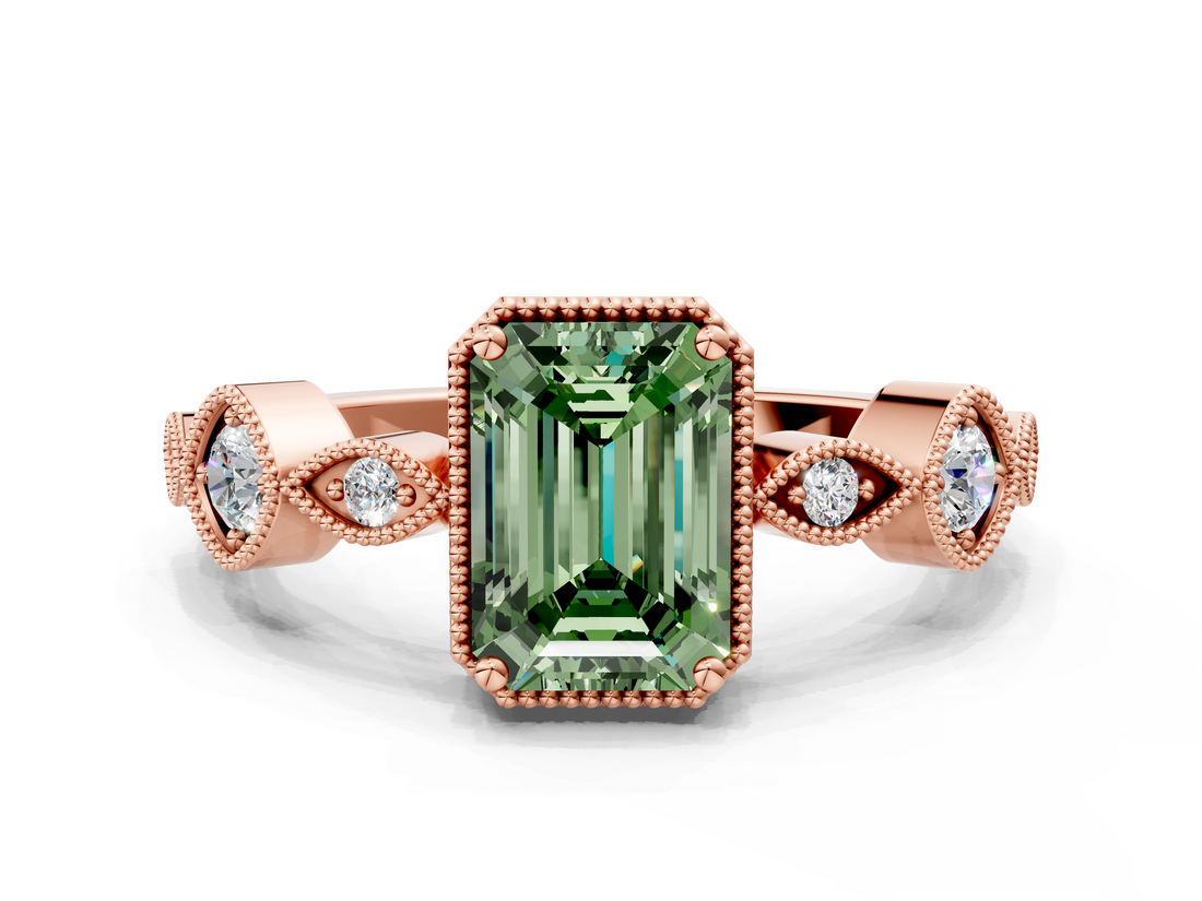 Rose gold Fancy Green Emerald  Cut Diamond Milgrain Marquise Band with Prong Setting_3