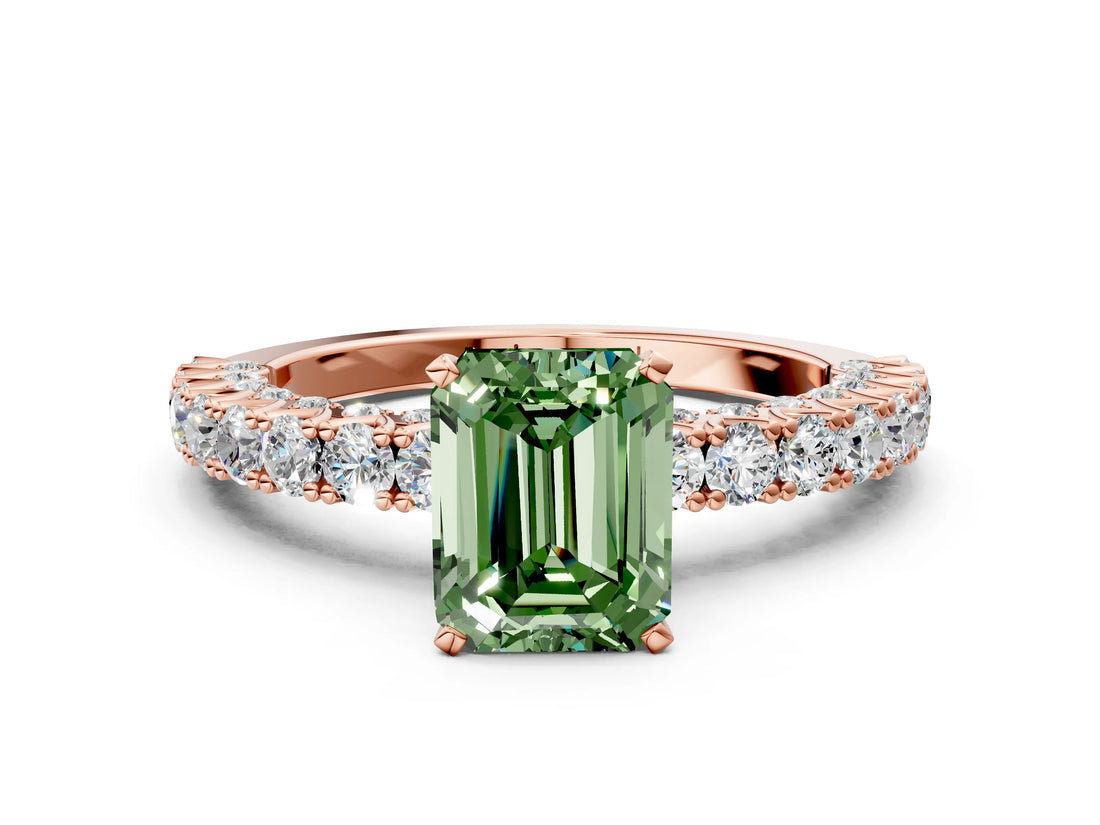 Rose gold Fancy Green Emerald Cut Diamond Pavé Band Solitaire Ring with Prong Setting_79