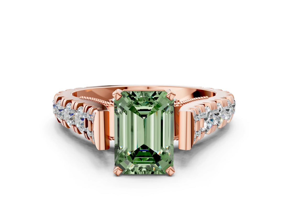 Rose gold Fancy Green Emerald  Cut Diamond Pavé Band Solitaire with Four-Prong Setting_15