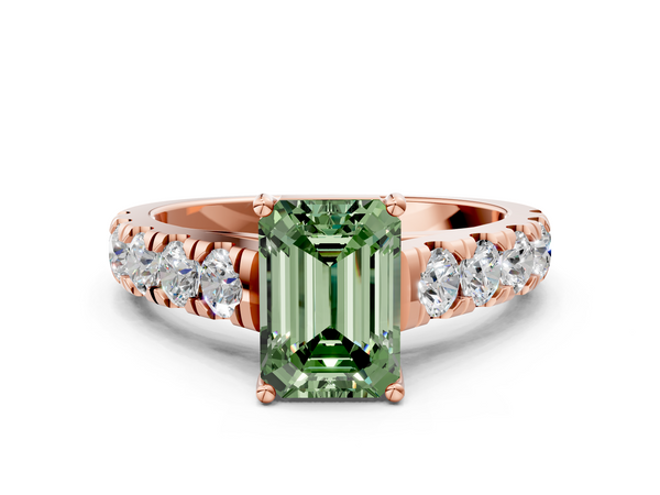 Rose gold Fancy Green Emerald  Cut Diamond Solitaire Ring with Micro Pave Band and Prong Setting