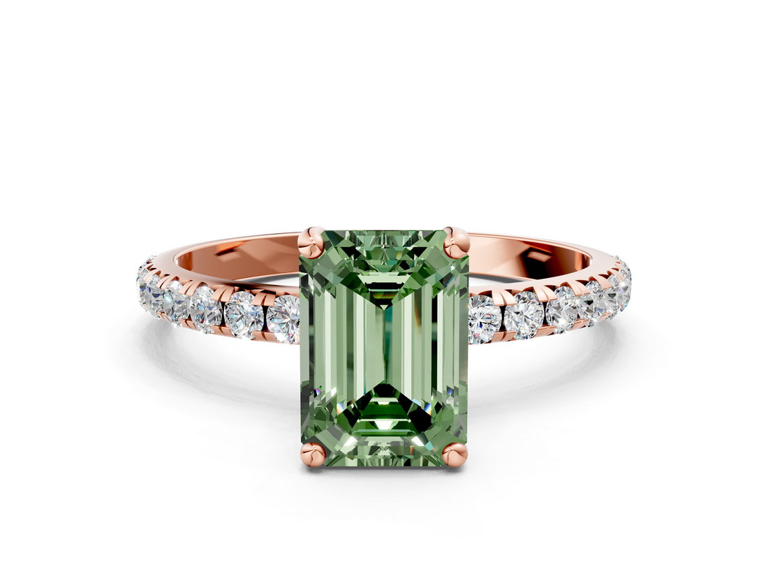 Rose gold Fancy Green Emerald  Cut Diamond Pavé Band Solitaire with Four-Prong Setting_3