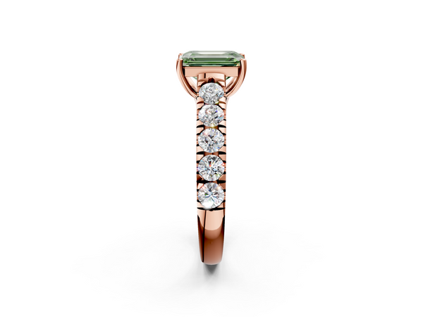 Rose gold Fancy Green Emerald  Cut Diamond Solitaire Ring with Micro Pave Band and Prong Setting