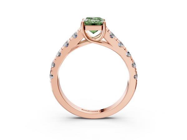 Rose gold Fancy Green Emerald  Cut Diamond Solitaire Ring with Micro Pave Band and Prong Setting
