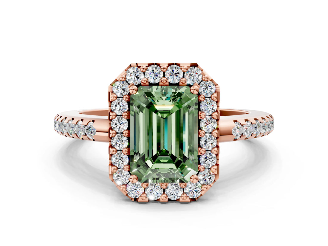 Rose gold Fancy Green Emerald Cut Diamond Pavé Halo Ring with Four-Prong Setting_36